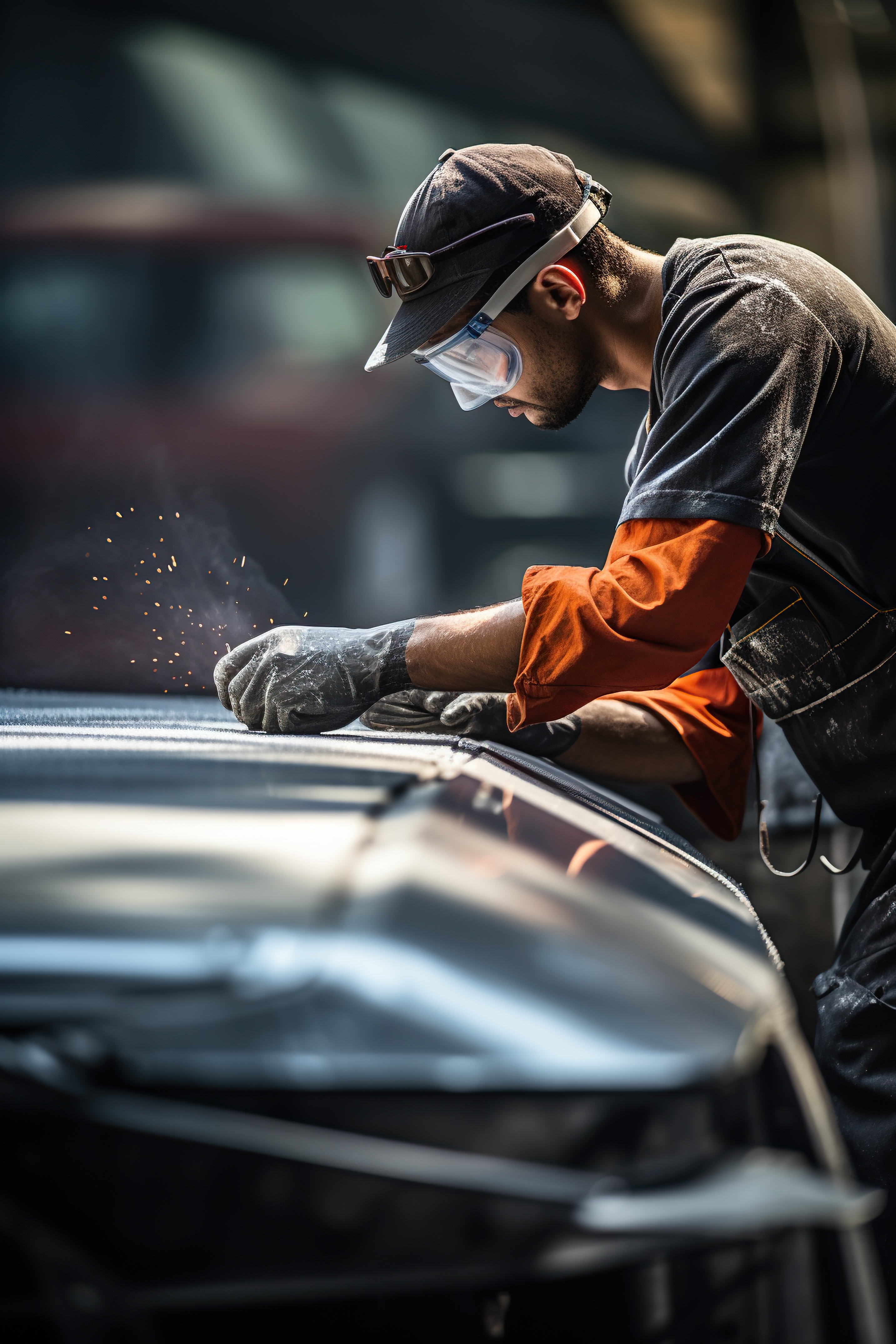 modern auto repairman grinding autobody bonnet